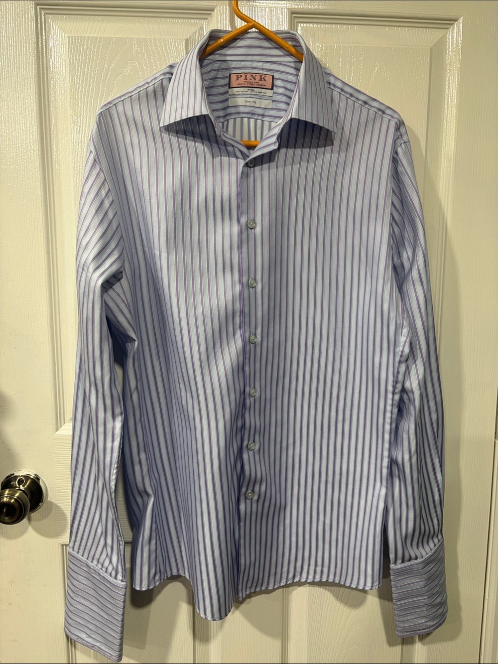 Thomas Pink Blue and White Striped Dress Shirt